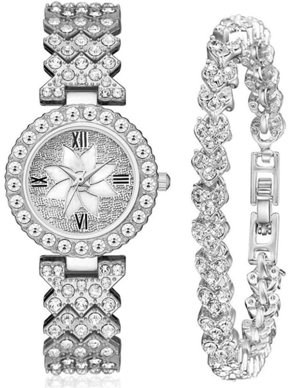 Womens Silver Analog Set Quartz Steel Band Diamonds Bracelets Luxury Wrist Watch - Picture 1 of 4